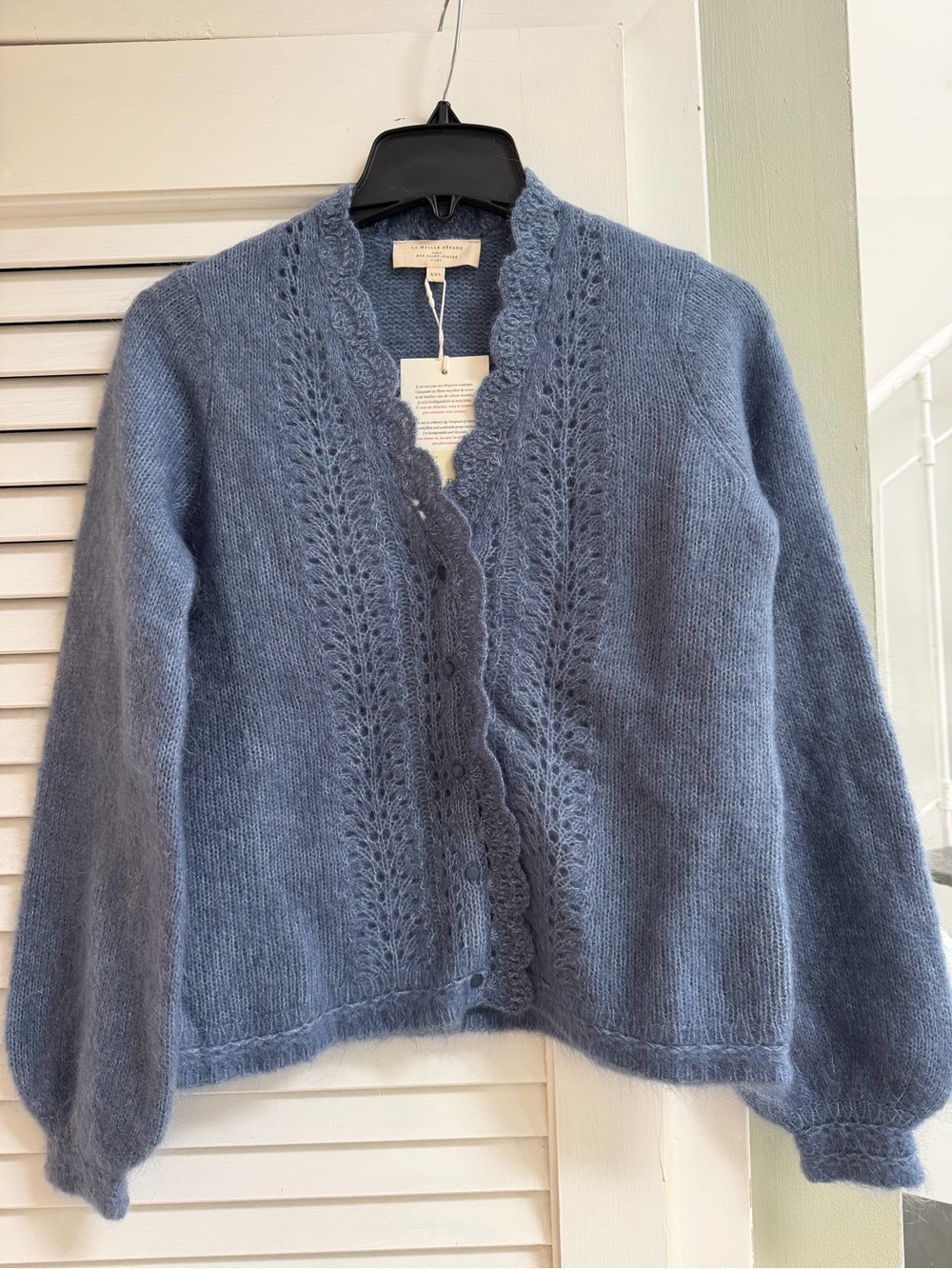 Sezane Dusty Blue Scallop-Edge V-Neck Knit Cardigan - Picture 1 of 3